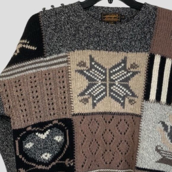 Vintage Eddie Bauer Patchwork Cable Crochet Knit Sweater Cozy Nordic Design Sz.L - Picture 5 of 12